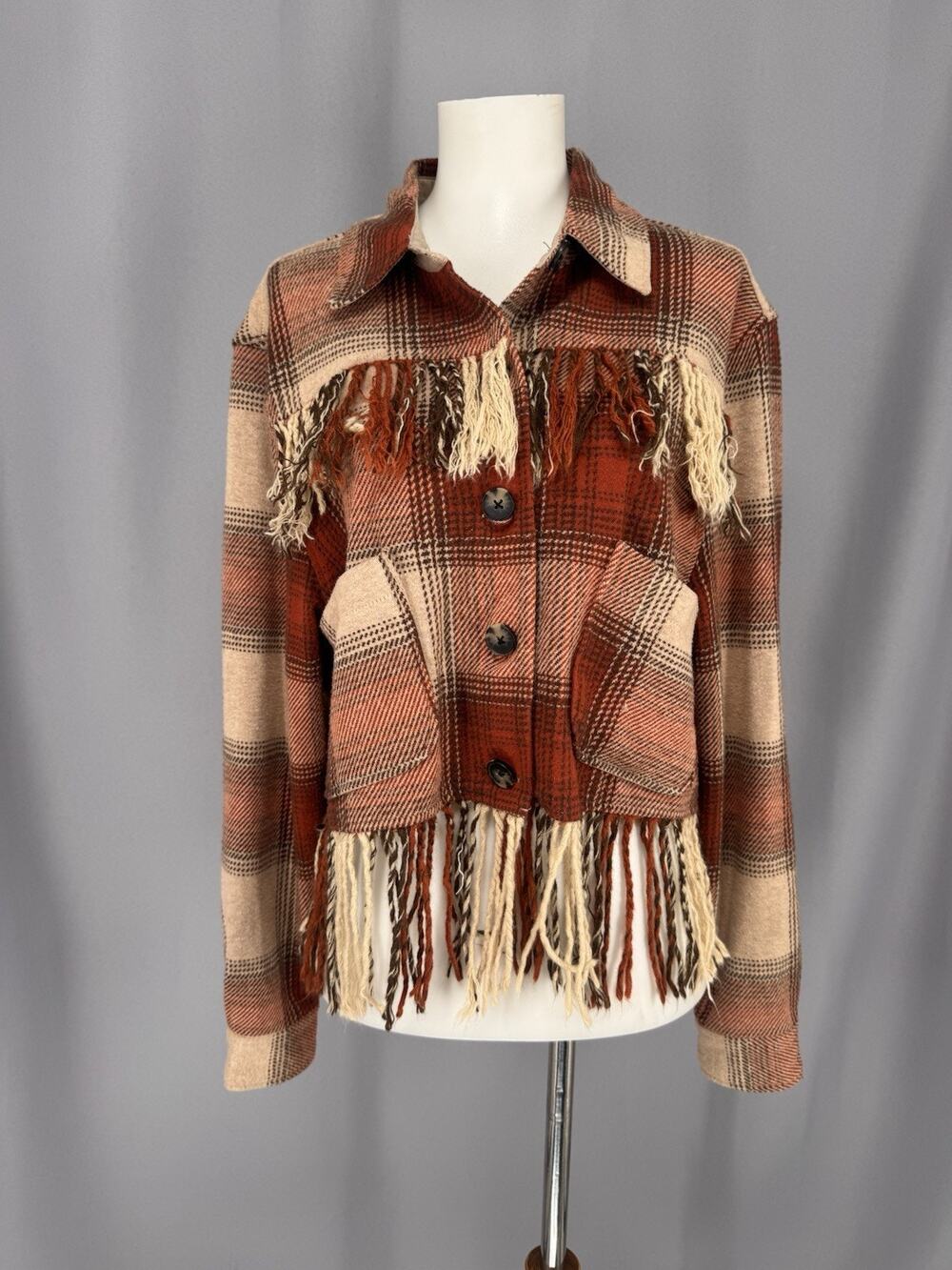 7DIAMONDS Generation Shacket Womens Small Plaid Fringe South Western Cropped